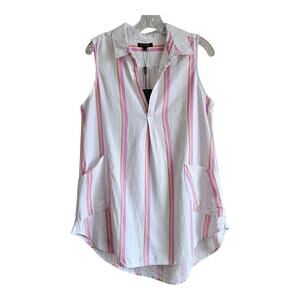 FOR CYNTHIA Women L Tunic Blouse Vertical Striped Linen Viscose Pockets 38" NEW